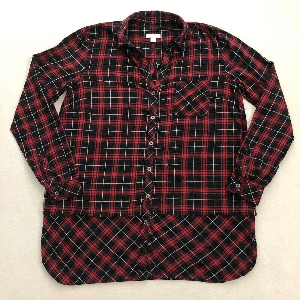 J Jill Women Red Black Plaid Cotton Button Front Cotton Long Sleeve Tunic Top S